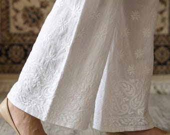 Hand Embroidered Chikankari Palazzo Pants | Lucknowi Rayon Ethnic Wear Free Size