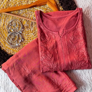 Premium Soft Chikankari Rayon Kurti Plazo Set, Plus Size Flowy Kurti Set, Elegant Daily Festive Ethnic Outfit, Sizes S-3XL