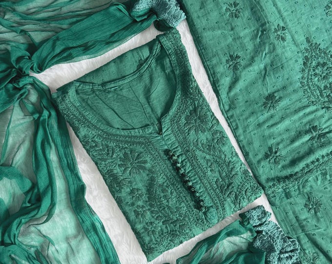 Featured listing image: Hand Embroidered Cotton Chikankari Co-ord Set | Kurta Palazzo Dupatta | Lucknowi 3 Piece Indian Ethnic Wear | Festive Casual