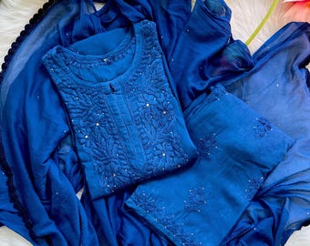 Hand Embroidered Lucknowi Chikankari Indian Outfit 3 Piece Suit Set, Rayon Cotton Dupatta