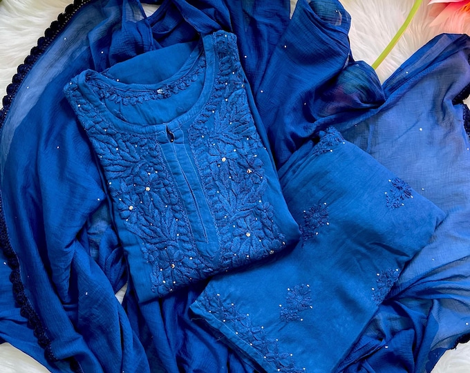 Featured listing image: Chikankari 3 Piece Suit Set: Hand Embroidered Rayon Cotton Kurta, Palazzo with Chiffon Dupatta