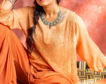 Viscose, Lucknowi Chikankari, Jaal Work Mukaish Piece Set, Long  Kurti, Inner, Palazzo Dupatta, Indian Traditional Dress