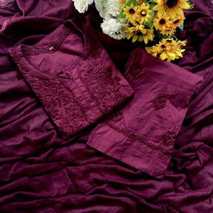 Chikankari Kurti Farsi Palazzo Set | Lucknow Embroidery, Cotton Dupatta, Indian Ethnic Wear Burgundy