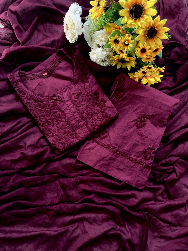 Chikankari Kurti Farsi Palazzo Set | Lucknow Embroidery, Cotton Dupatta, Indian Ethnic Wear Burgundy