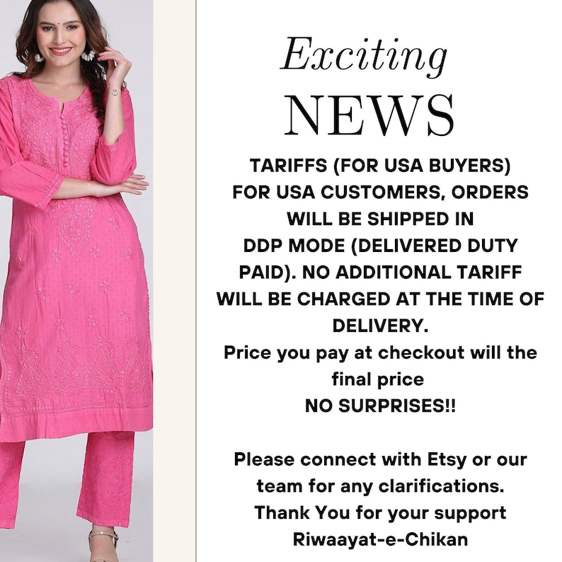 May include: A bright pink long-sleeved tunic and matching trousers featuring intricate tonal embroidery. The garment has a round neckline with a vertical row of small buttons. The text reads: Exciting NEWS TARIFFS (FOR USA BUYERS) FOR USA CUSTOMERS.