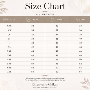 May include: A size chart table with the heading Size Chart (in inches) listing sizes from XXS to 7XL with corresponding bust, waist, and hip measurements in inches. The text at the bottom reads All measurements are body measurements in inches. For a relaxed fit, we recommend choosing one size up. Riwaayat-e-Chikan.