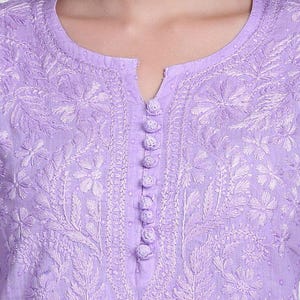 Dobby Cotton Chikankari Kurta Trouser Set, Lucknowi Ethnic Wear, Lavender Pockets Outfit