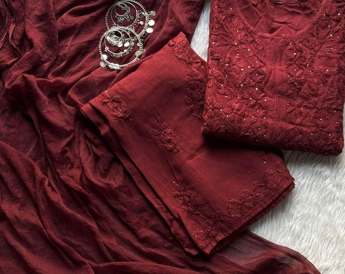 Featured listing image: Handcrafted Rayon Chikan Kurti Set, 46 Inch Long Mukesh Work Lucknowi Suit, Soft Breathable Indian Salwar Kameez, Ethnic Tunic Outfit