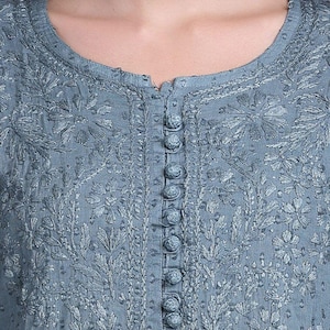 Dusty Grey Chikankari Cotton Kurti Pant Set | Handmade Lucknowi Chikan Embroidery 2Pc Indian Ethnic Suit | Women Kurta Co-ord Set Gift Her