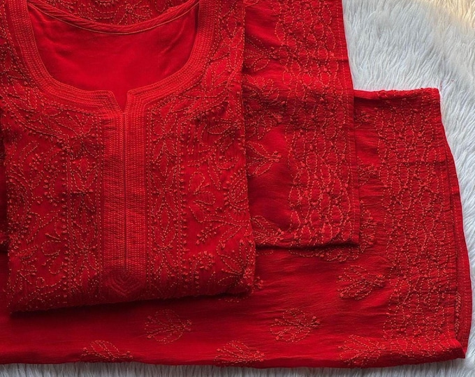 Featured listing image: Luxe Viscose Chikankari Set Hand Embroidered, Women's Indian Ethnic Suit, Designer Traditional Apparel Outfit