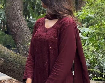 Brown Mukaish Kurti Set 3 Piece | Hand Embellished Rayon Suit from India | Traditional Indian Dress with Dupatta | Gota Patti Ethnic Wear