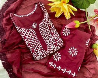 Indian Suit 3pc chikankari set elegant rayon white embroidered kurti from india, desi dress