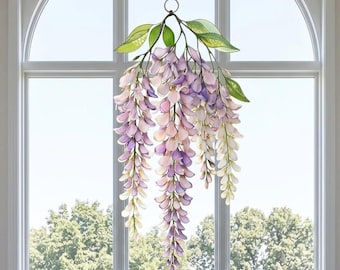 Wisteria Purple Acrylic Suncatcher Window Hanging Decor, 2D Floral Faux Stained Glass Style Design, Boho Rainbow Light Botanical Home Decor