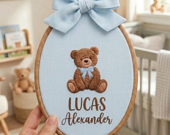 Personalized Teddy Bear Baby Name Hoop, Custom Baby Boy Nursery Name Hoop, Gender Neutral Shower Wall Art, Newborn Name Announcement Gift