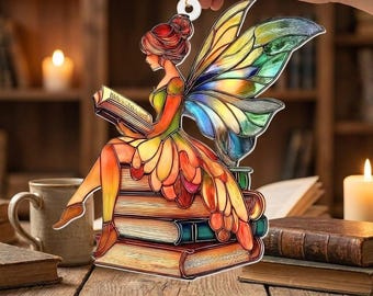 Book Fairy Acrylic Suncatcher Ornament, Reading Girl on Book Stack, Colorful Wings Window Hanging, Gift for Book Lovers