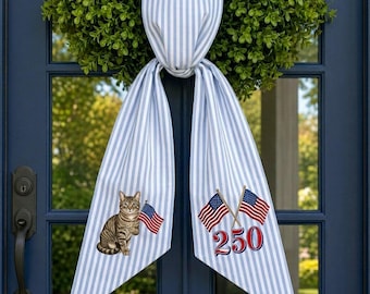Embroidered Cat With USA Flag Wreath Sash, Personalized Patriotic America 250th Anniversary Decor, Pet Cat 4th of July Sash, Pet Love Gift