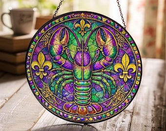 Louisiana Fleur De Lis Stained Glass Suncatcher, Mardi Gras Crawfish Window Hanging, NOLA Style Home Decor, Purple Gold Green Glass Art