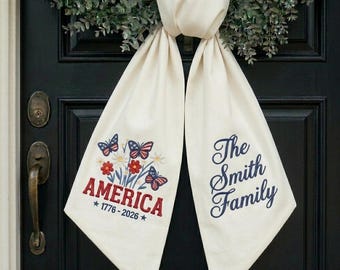 Floral America 1776-2026 Embroidered Wreath Sash, Custom Name Family Patriotic America Flag Decor, 4th of July, USA Independence Day Hanger