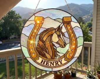 Custom Photo Horse Stained Glass Suncatcher, Personalized Horseshoe Window Hanging, Equestrian Gift for Horse Lovers
