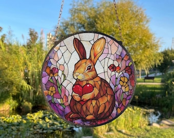 Bunny Love Stained Glass Suncatcher, Rabbit Holding Heart Window Hanging Decor, Easter Mosaic Art, Valentine Gift, Nursery Wall Decoration
