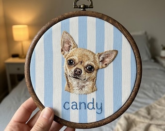 Personalized Pet Portrait Embroidery Hoop Art, Custom Dog Memorial Gift, Embroidered Name Pet Portrait from Photo, Pet Loss Sympathy Gift