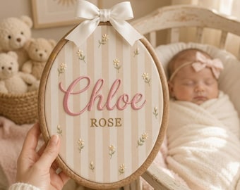 Personalized Floral Stripe Baby Name Sign, Embroidered Nursery Name Hoop, Cottagecore Baby Shower Wall Art, Newborn Name Announcement Gift