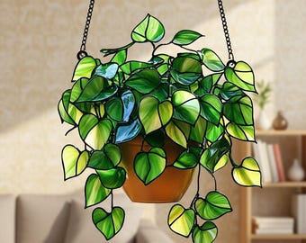 Pothos Plant Acrylic Suncatcher, Hanging Plant Window Decor, 2D Plant Lover Gift - Faux Greenery Art - Boho Philodendron Home Decor