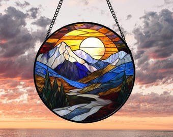 Mountain Sunset Stained Glass Suncatcher, Nature Landscape Window Hanging, Mosaic Wall Art, Adventure Lover Gift, Cabin Decor, Birthday Gift