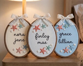 Personalized Baby Name Sign Embroidered Hoop, Coastal Beach Summer Baby Storybook, Newborn Announcement Gift, Nursery Wall Art, New Mom Gift