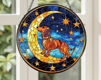 Dachshund Moon Stained Glass Suncatcher, Wiener Dog Window Hanging, Starry Night Decor, Dog Lover Gift, Cute Pet SunCatcher
