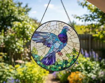 Purple Pigeon Stained Glass Suncatcher, Bird of Peace Window Hanging, Mosaic Bird Wall Art, Christian Gift, Garden Decor, New Home Gift Idea