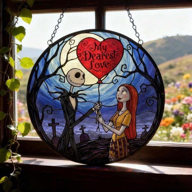 May include: Round stained glass window featuring Jack Skellington and Sally from The Nightmare Before Christmas. Jack holds a red heart-shaped balloon with the words "My Dearest Love". The background shows a graveyard, trees, and a full moon.