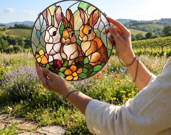 Three Little Bunnies Stained Glass Suncatcher, Rabbit Family Window Hanging Decor, Easter Mosaic Art, Spring Nursery Gift, Glass Wall Decor