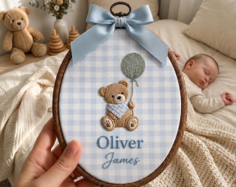 Personalized Teddy Bear Baby Name Hoop, Custom Baby Boy Nursery Name Hoop, Cottagecore Baby Shower Wall Art, Newborn Name Announcement Gift