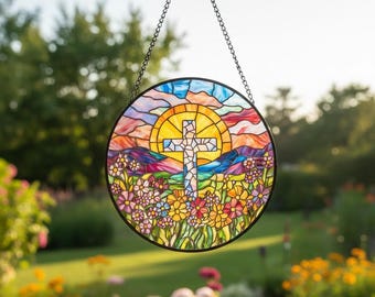 Stained Glass Cross Suncatcher, Floral Religious Window Hanging, Easter Cross Decor, Christian Faith Gift, Spiritual Garden Sun Catcher Art