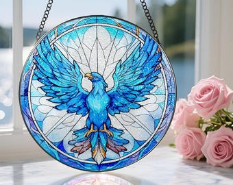 Blue Eagle Stained Glass Suncatcher, Majestic Bird Window Hanging, Patriotic Home Decor, Wildlife Lover Gift, Colorful Sun Catcher