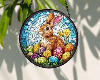 Easter Bunny Stained Glass Suncatcher, Glass Painting Wall Art, Spring Rabbit Window Hanging Decor, Easter Egg Ornament, Gift for Gardener