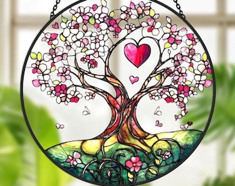 Lustiger Cryptid Baum des Lebens Sonnenfänger, Bigfüße Mottenmann Fensterbehang, Einzigartiges Housewarming Geschenk, Liebesbaumkunst, Glasmalerei-Stil Dekor