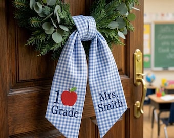 Personalized Teacher Apple First Day Of School Door Wreath Embroidery, Custom Name Sash, Back to School Gift for Teacher, Classroom Decor
