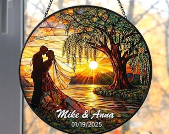 Personalized Wedding Stained Glass Suncatcher, Custom Couple Names & Date, Romantic Sunset Window Hanging Anniversary Gift