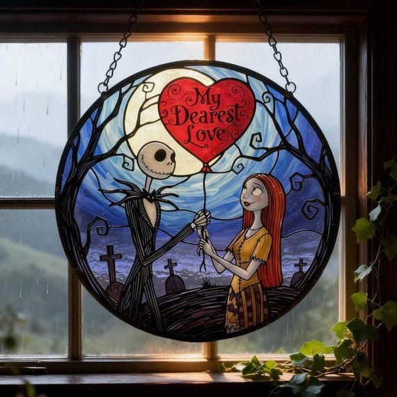 Jack & Sally Suncatcher, Stained Glass Style Acrylic Decor, Valentine Gift for Him Her, Gothic Home Decor, Romantic Couple Window Hanging