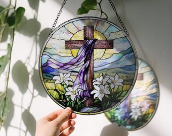 He Is Risen Stained Glass Suncatcher, Easter Cross Window Hanging Decor, Religious Christian Gift, Lily Flower Mosaic Art, Church Wall Decor