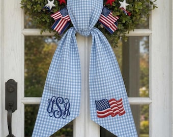 Custom Monogram Patriotic Wreath Sash, Embroidered 1776-2026 USA Flag Bow Wreath Sash Decor, 4th of July, 250th Anniversary USA Home Gift