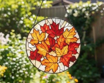 Autumn Maple Leaves Stained Glass Suncatcher, Fall Season Window Decor, Orange Red Leaf Sun Catcher, Nature Lover Gift, Thanksgiving