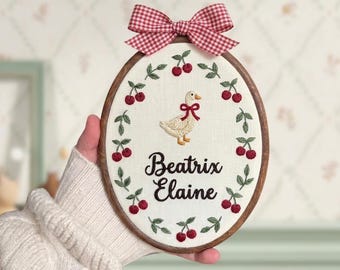 Personalized Striped Goose Baby Name Embroidered Hoop, Storybook Goose & Cherry, Newborn Announcement Gift, Nursery Wall Art, New Mom Gift