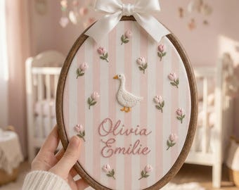 Personalized Tulip Floral Goose Baby Name Hoop, Custom Floral Embroidered Nursery Decor, Tulip Baby Girl Wall Art, Newborn Announcement Gift