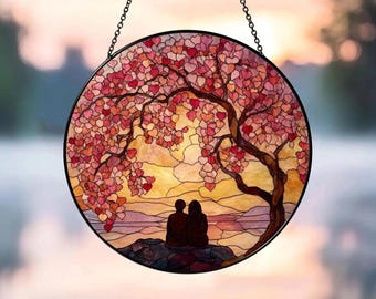 Heart Tree Stained Glass Suncatcher, Couple Under Love Tree Window Hanging, Anniversary Gift for Wife, Valentine Decor, Romantic Wall Art