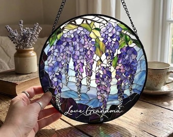 Wisteria Purple Stained Glass Suncatcher, Glass Purple Floral Window Hanging, Botanical Nature Home Decor Gift For Mom Grandma Love Wisteria