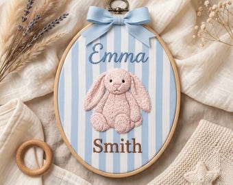 Personalized Bunny Baby Name Sign, Custom Embroidered Nursery Name Hoop, Cottagecore Baby Shower Wall Art, Newborn Name Announcement Gift