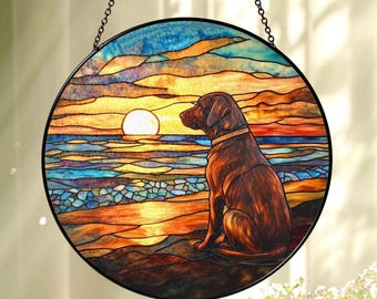 Chocolate Lab Memorial Suncatcher, Brown Dog Stained Glass Window Hanging, Pet Loss Sympathy Gift, Dog Lover Sunset Beach Decor